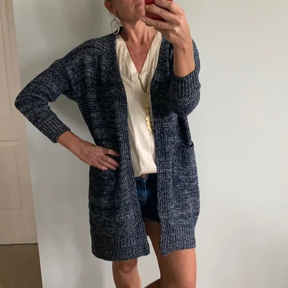 Navy Long Open Front Cardigan Sweater - Picture 7 of 11